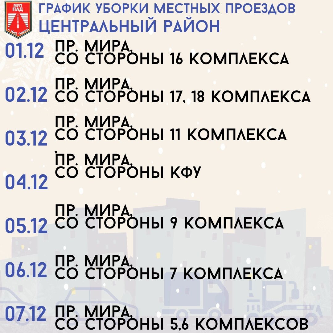 ПАД опубликовало график уборки местных проездов на ближайшую неделю |  01.12.2023 | Набережные Челны - БезФормата