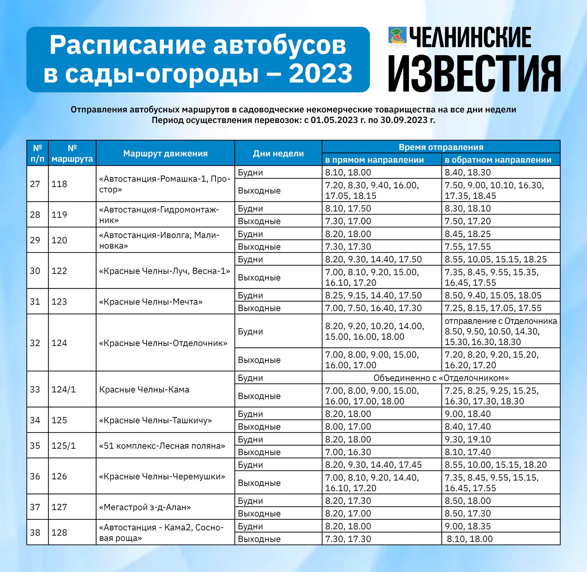 Расписание движения автобусов в сады-огороды на 2023 год